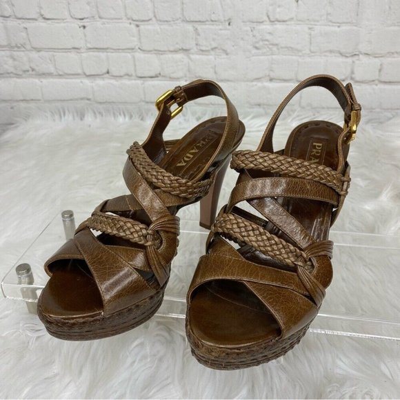 Prada Women's Brown Designer Braided Leather Strappy Luxury Heels IT 37.5 / US 7 - Picture 8 of 17